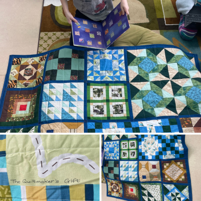 A beautiful quilt hand made by our own Grade 7/8 teacher that was gifted to our grade 1/2 students